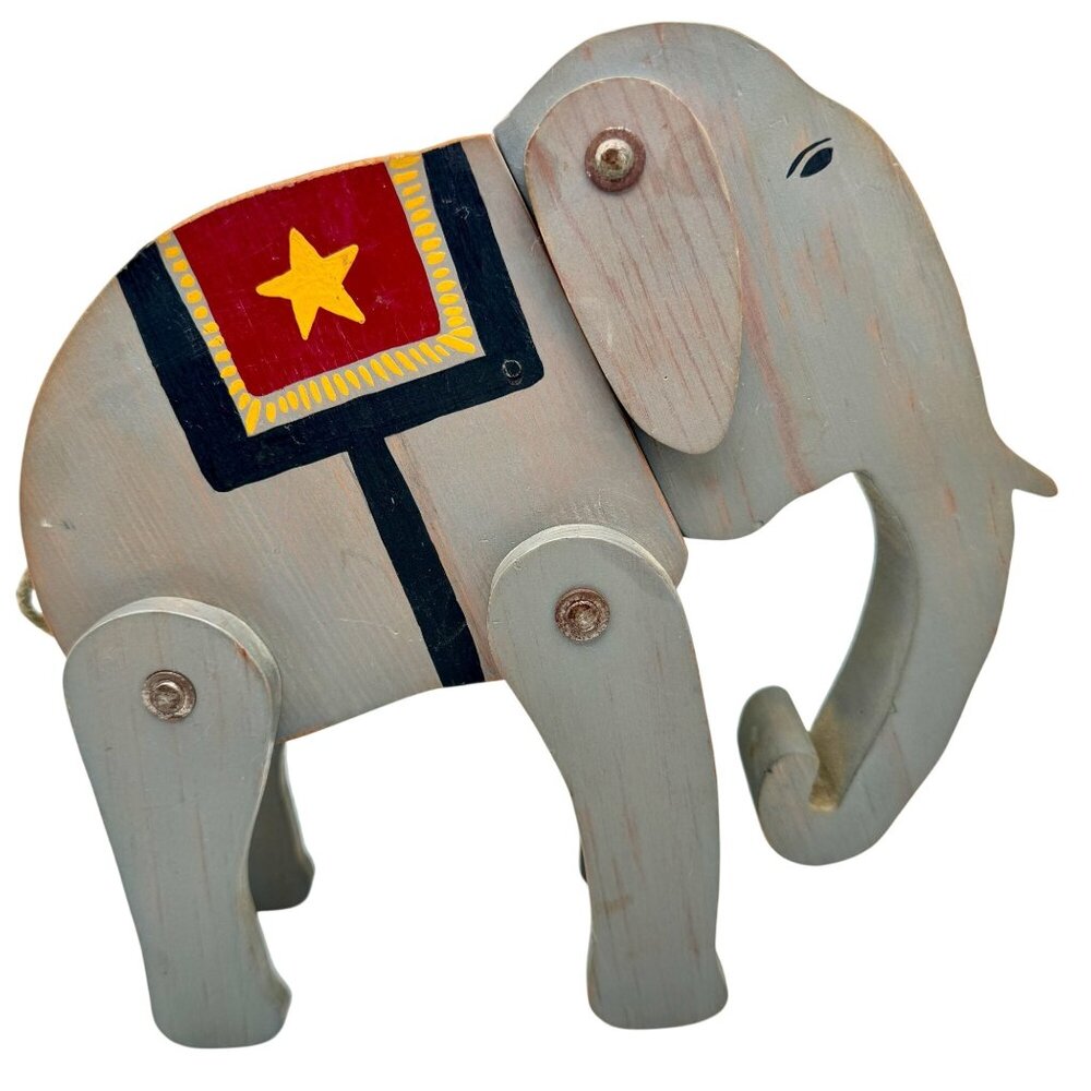Vintage Primitive Hand-Painted Articulating Wooden Circus Elephant Toy Gift